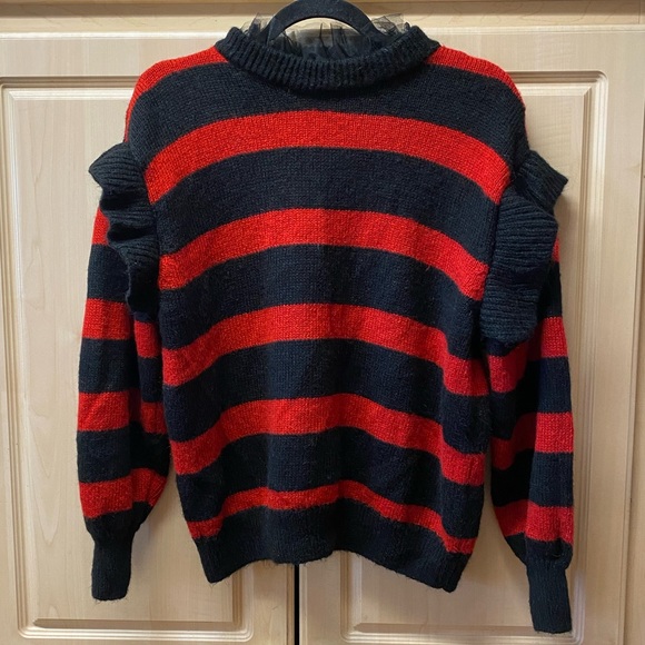 Zara Red Black Striped Tulle Ruffle Neck Mohair Blend Knit Sweater Size S - Picture 2 of 12